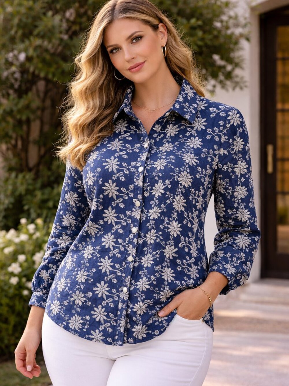 Alice Blue Navy Embroidered Blouse Shirt Pearl Buttons XL NWT Cottagecore Boho
